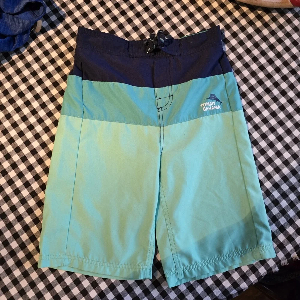 Tommy Bahama Board Shorts Boys LG Swim Trunks Mesh Liner Teals Navy Stripe Beach